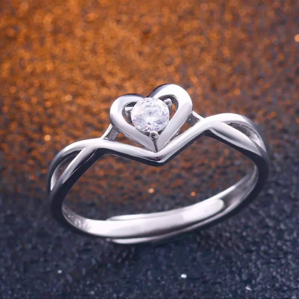 925 sterling ring silver zirconia heart adjustable